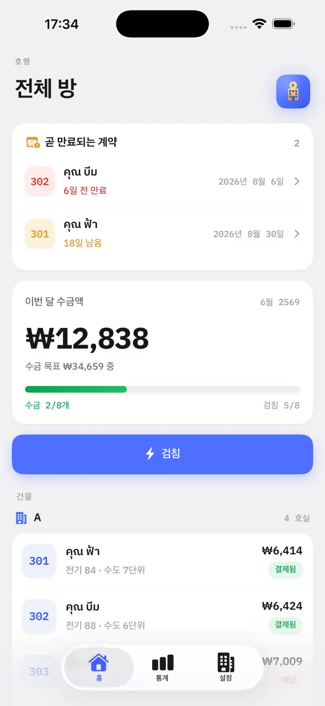 설정 후 홈 화면: 모든 방, 미수금, 수금액을 한눈에 봅니다.