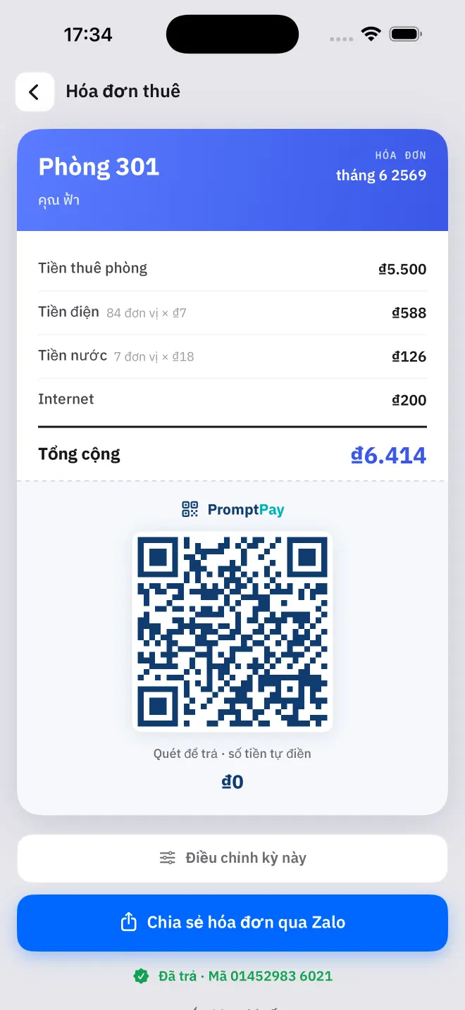 Hóa đơn hoàn tất, với mã QR thanh toán sẵn sàng gửi.