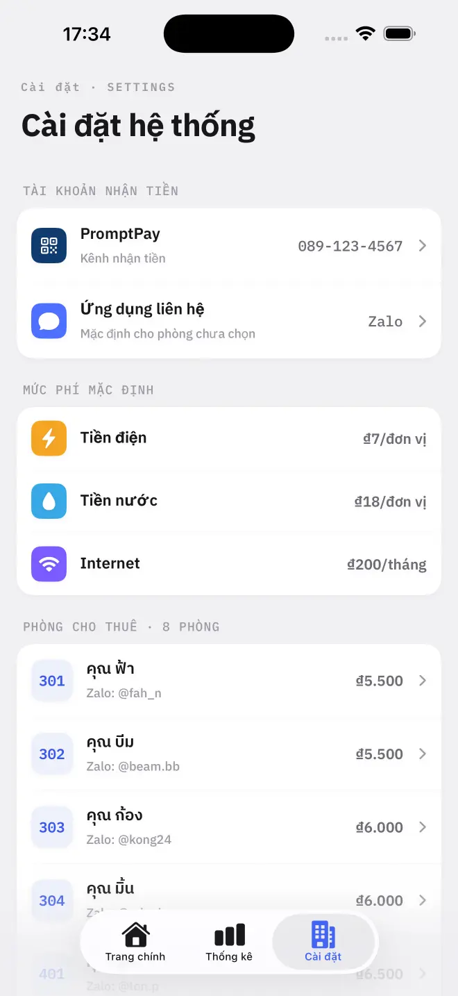 Cài đặt, nơi có thanh toán, mức phí, sao lưu và gói đăng ký.